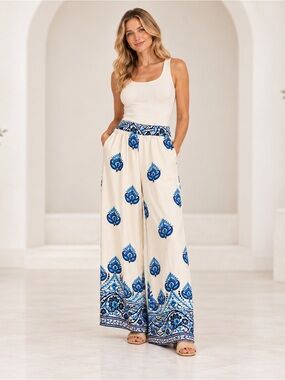 La Reyna Women’s Cream Wide Leg Palazzo Pants Paisley Floral German Blue XL